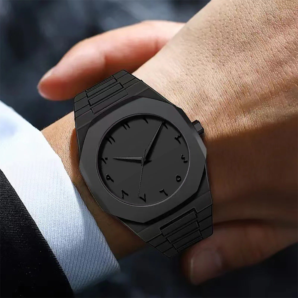 Minimal Black Men’s Quartz Watch – Arabic Dial with Silicone Strap